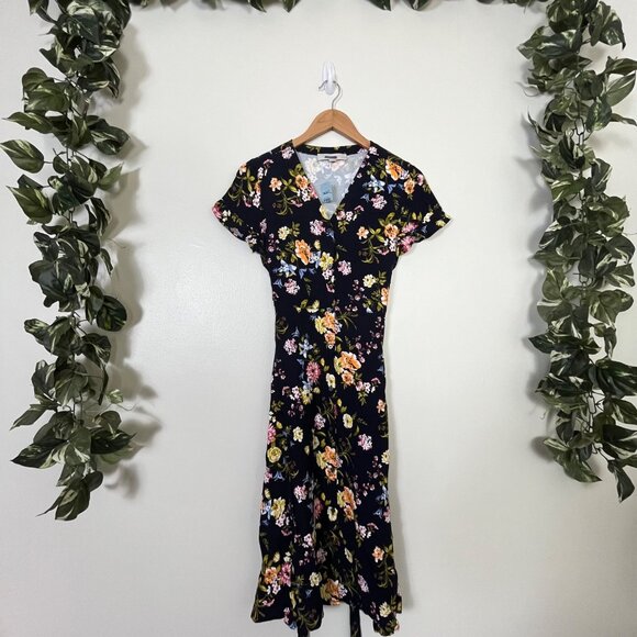 Loft Short Sleeve Front Button Midi Dress Floral Multi NWT Women’s Size 2 Petite - Picture 1 of 9
